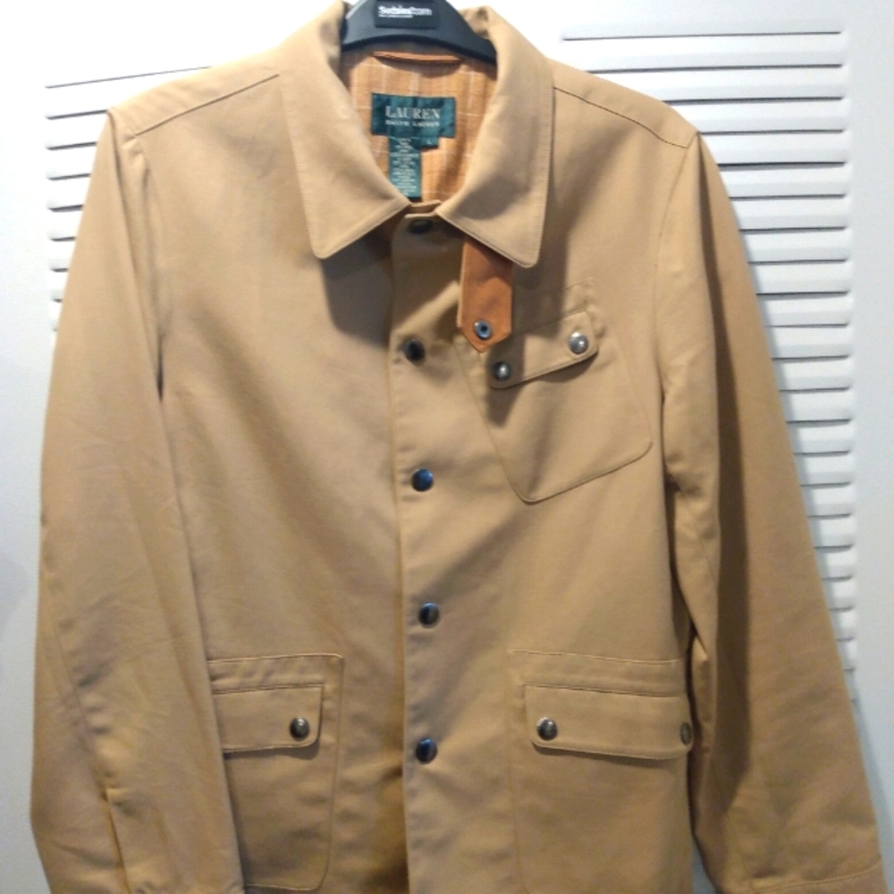 Ralph Lauren 100% Cotton Safari Tan Jacket Leather Trim Detailing